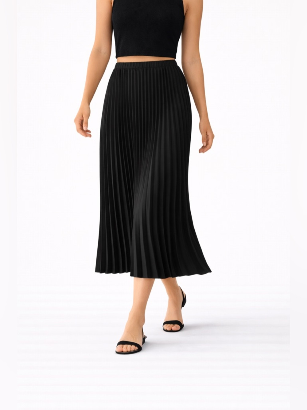 Eileen Fisher Black Pleated Wool Silk Midi Skirt Size M NWT